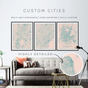 Impressões de mapa da cidade rosa blush, compre 2 e ganhe 1 GRÁTIS, pôster de mapa personalizado, pôster de impressão de mapa com moldura, mapa personalizado, mapa de arte Todas as cidades disponíveis no Natal