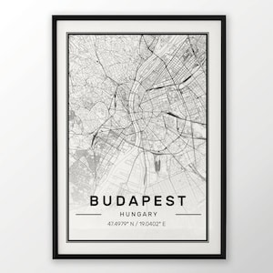 Budapest ville carte impression, affiche moderne contemporain dans les tailles 50 x 70 pour Ikea cadre tout ville disponible Londres, New york Paris Madrid Rome