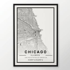 Impressão do mapa da cidade de Chicago, pôster moderno contemporâneo nos tamanhos 50x70 adequado para moldura Ikea. Todas as cidades disponíveis: Londres, Nova York, Paris, Madri, Roma.