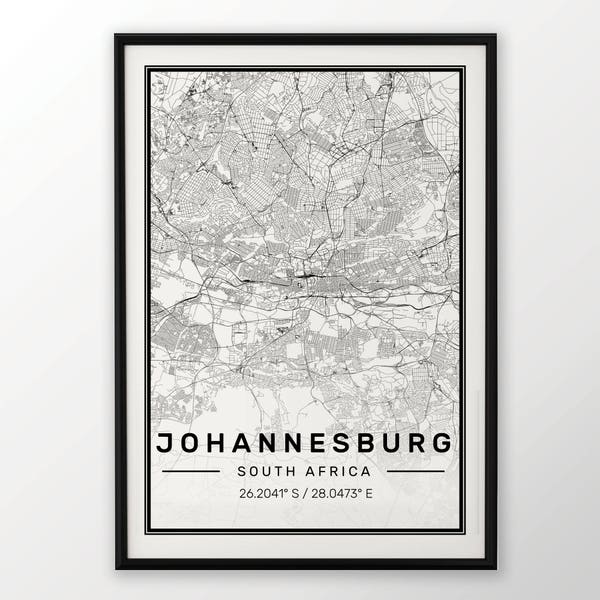 Johannesburg City Map Imprimir cartel contemporáneo moderno en tamaños 50x70 apto para marco ikea 19.5x27.5 Toda la ciudad disponible Londres Nueva York París