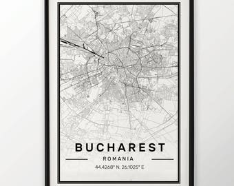 Bucharest City Map Print Modern Contemporary poster in sizes 50x70 fit for Ikea frame 19.5 x 27.5 All city available London, New York Paris