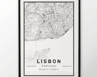 Lisbon City Map Print, Modern Contemporary poster in sizes 50x70 fit for Ikea frame All city available London, New york Paris Madrid Rome