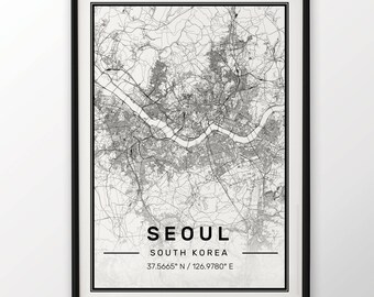 Seoul City Map Print Modern Contemporary poster in sizes 50x70 fit for Ikea frame 19.5 x 27.5 All city available London New York Paris
