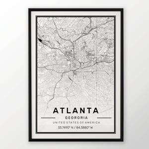 Atlanta ville carte impression, affiche moderne contemporain dans les tailles 50 x 70 pour Ikea cadre tout ville disponible Londres, New york Paris Madrid Rome