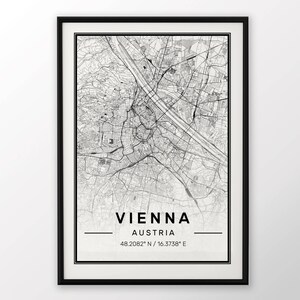 Vienne ville carte imprimée, affiche moderne contemporain dans les tailles 50 x 70 parfaitement pour le cadre Ikea 19,5 x 27,5 tous ville disponible Londres, New York Paris