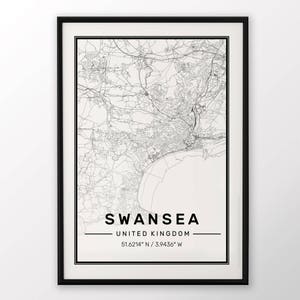 Swansea City carte impression moderne contemporain affiche dans les tailles 50 x 70 parfaitement pour le cadre Ikea 19,5 x 27,5 tous ville disponible Londres, New York Paris