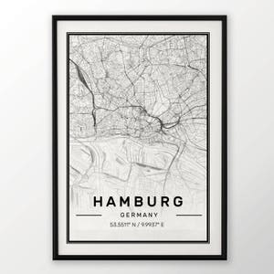 Hamburg City Map Print, Affiche contemporaine moderne dans des tailles 50x70 adaptées au cadre Ikea Toute la ville disponible Londres, New York Paris Madrid Rome