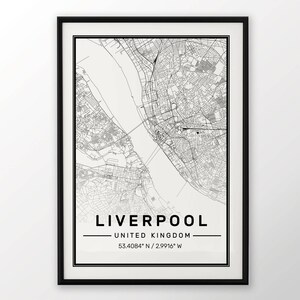 Liverpool City carte impression, affiche moderne contemporain dans les tailles 50 x 70 pour Ikea cadre tout ville disponible Londres, New york Paris Madrid Rome