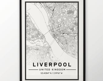 Liverpool City Map Print, Modern Contemporary poster in sizes 50x70 fit for Ikea frame All city available London, New york Paris Madrid Rome