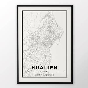 Affiche impression carte de la ville de Hualien moderne contemporain au format Ikea : 50 x 70 x 19,5 x 27,5 dimensions disponibles dans toutes les villes Londres New York Paris