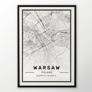 Impression de carte de la ville de Varsovie, affiche moderne et contemporaine dans des tailles 50 x 70 adaptées au cadre Ikea Toutes les villes disponibles Londres, New York Paris Madrid Rome