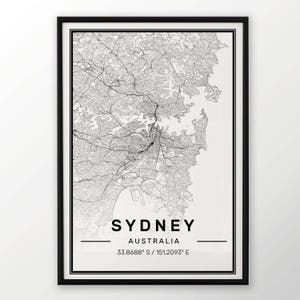 Sydney ville carte impression, affiche moderne contemporain dans les tailles 50 x 70 pour Ikea cadre tout ville disponible Londres, New york Paris Madrid Rome