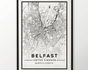 Belfast City Map Print, Modern Contemporary poster in sizes 50x70 fit for Ikea frame All city available London, New york Paris Madrid Rome