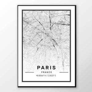 Mapa da cidade de Paris, pôster moderno contemporâneo nos tamanhos 50x70 adequado para moldura Ikea. Todas as cidades disponíveis: Londres, Nova York, Paris, Madri e Roma.