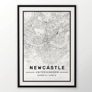 Affiche Newcastle City carte impression moderne contemporain dans les tailles 50 x 70 parfaitement pour le cadre Ikea 19,5 x 27,5 tous ville disponible Londres, New York Paris