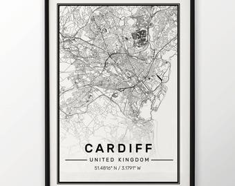 Cardiff City Map Print, Modern Contemporary poster in sizes 50x70 fit for Ikea frame All city available London, New york Paris Madrid Rome