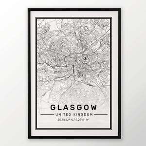 Glasgow City Map Print, Affiche contemporaine moderne dans les tailles 50x70 pour cadre Ikea Toutes les villes disponibles Londres, New york Paris Madrid Rome