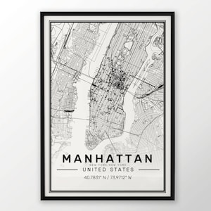 Manhattan City Map Print, Moderne Hedendaagse poster in formaten 50x70 geschikt voor Ikea frame Alle stad beschikbaar Londen, New York Parijs Madrid Rome