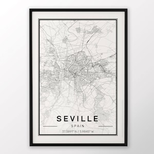 Affiche Séville ville carte impression moderne contemporain dans les tailles 50 x 70 parfaitement pour le cadre Ikea 19,5 x 27,5 tous ville disponible Londres, New York Paris