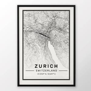 Zurich City Map Print, affiche moderne contemporain dans les tailles 50 x 70 parfaitement pour le cadre Ikea 19,5 x 27,5 tous ville disponible Londres, New York Paris