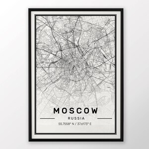 Impressão do mapa da cidade de Moscou, pôster moderno e contemporâneo em tamanhos 50x70 adequados para moldura Ikea Todas as cidades disponíveis Londres, Nova York Paris Madrid Roma