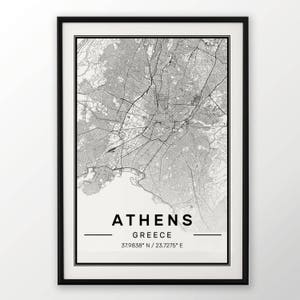 Impression de carte de la ville d'Athènes, affiche moderne et contemporaine au format Ikea, dans les dimensions 50 x 70. Toutes les villes disponibles Londres, New York Paris Madrid Rome
