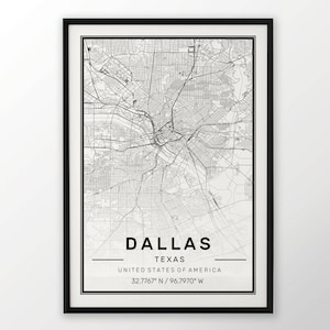 Dallas City carte impression, affiche moderne contemporain dans les tailles 50 x 70 pour Ikea cadre tout ville disponible Londres, New york Paris Madrid
