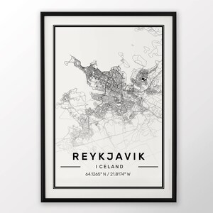 Impressão do mapa da cidade de Reykjavik Pôster moderno e contemporâneo em tamanhos 50x70 adequados para moldura Ikea 19,5 x 27,5 Todas as cidades disponíveis Londres, Nova York Paris