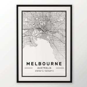Melbourne City Map Print, affiche contemporaine moderne dans les tailles 50x70 fit pour cadre Ikea 19,5 x 27,5 Toutes les villes disponibles Londres, New York Paris