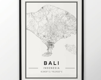 Bali City Map Print Modern Contemporary poster in sizes 50x70 fit for Ikea frame 19.5 x 27.5 All city available London New York Paris