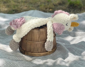 Crochet unicorn snuggler, Uni, free shipping, crochet plushie, baby shower gift, nursery decor, baby toy.