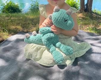 Crochet dinosaur snuggler, (free shipping), knotted lovey, newborn, baby gift, unisex gift, crochet toy, crochet dino, nursery decor.
