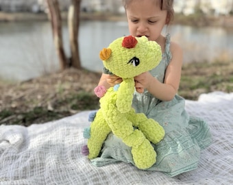 Crochet dinosaur snuggler, (free shipping), knotted lovey, newborn, baby gift, unisex gift, crochet toy, crochet dino, nursery decor.