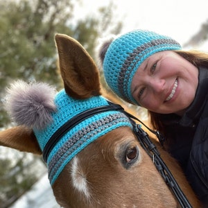 Crochet Horse Bonnet and Matching Hat (fur pompons)!