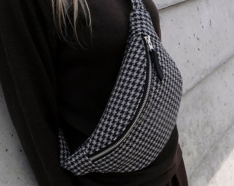 Upcycled / oversized upcycled houndstooth tweed crossbody bumbag / fanny pack, with YKK zipper