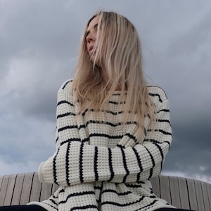 Vintage / oversized sweater / dark blue and off white striped jumper / knitted cotton sweater / image 1