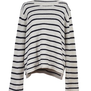 Vintage / oversized sweater / dark blue and off white striped jumper / knitted cotton sweater / image 2