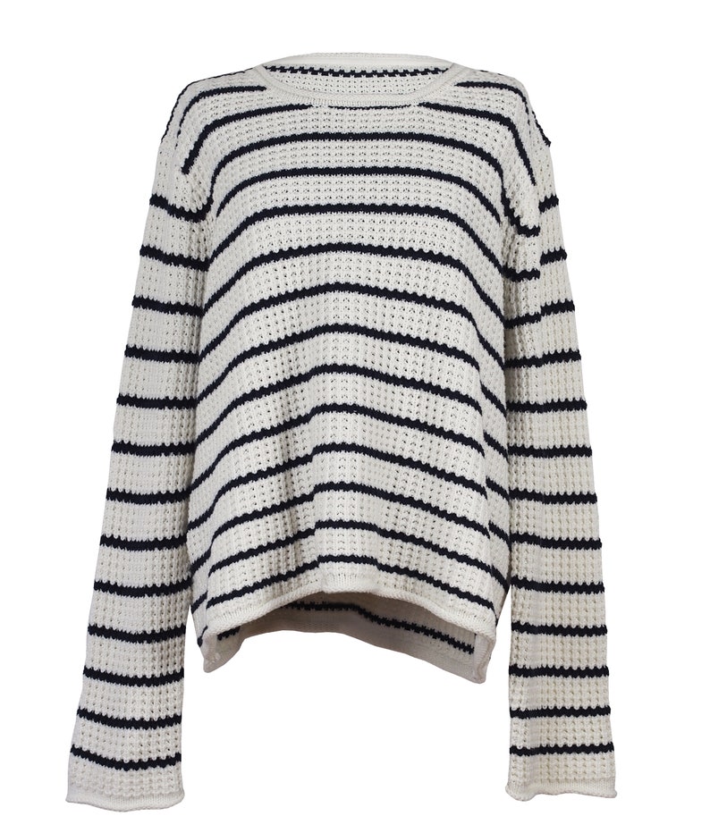Vintage / oversized sweater / dark blue and off white striped jumper / knitted cotton sweater / image 2