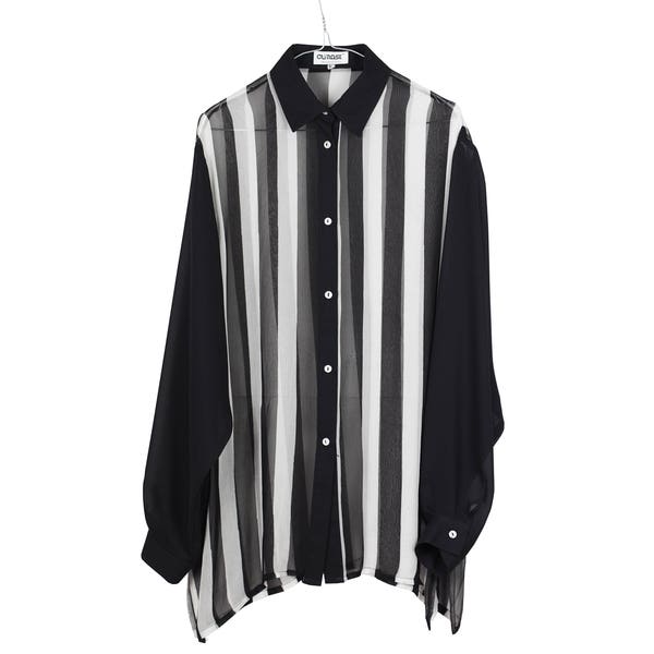 Vintage / Oversized transparent shirt / Black and white stripe shirt / button up shirt / blouse / Women's boyfriend shirt / Size large, XL