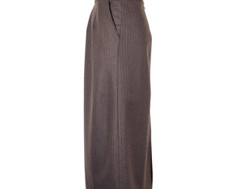 Deadstock tailored pencil midi skirt / brown pinstripe wool skirt with pockets and back slit / high waist / below knee length