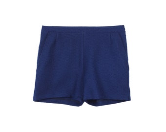 Hecho a mano / Boucle de cintura alta reciclado / pantalones cortos de cintura alta / pantalones cortos a medida / 100% lana azul / talla UE 36