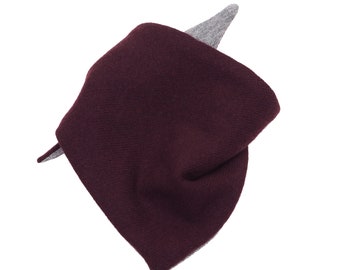 Upcycled burgundy and grey statement scarf / triangle bandana in merino wool