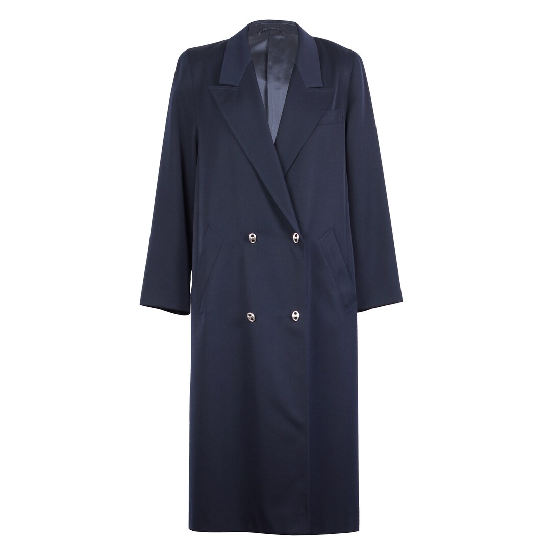 Vintage / Navy Blue Double Breasted Maxi Long Blazer / Wool