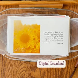 May include: A printable quote about gratitude and remembrance featuring a yellow sunflower field. The quote reads, "I give thanks to Thee, O my God, that Thou hast suffered me to remember Thee. What else but remembrance of Thee can give delight to my soul or gladness to my heart? -Bahá'u'lláh"