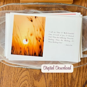 Tarjetas con citas bahá'ís sobre la alegría. Descarga digital e imprimible con cita y foto. Programa devocional listo para usar.