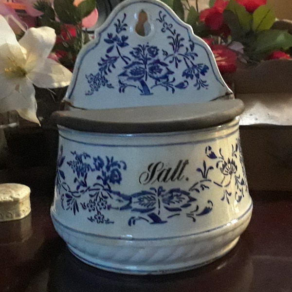 Vintage German Delft Style Blue and White Hand Painted Porcelain Salt Box