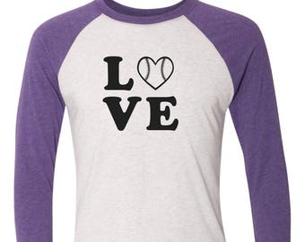 Baseball Love T-Shirt/3/4 Sleeve Baseball Style Tee- Custom Black Love w/ heart design