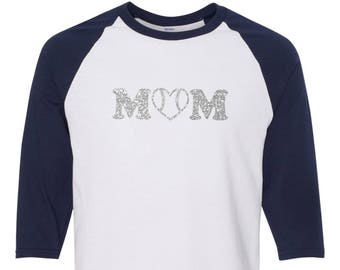 Baseball Mom Heart t-shirt 3/4 Sleeve Baseball Style Tee- Custom Silver Glitter Mom w/ heart design
