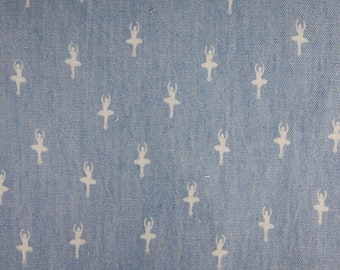 Blue CHAMBRAY Ballerina Print Denim-Style Look Fabric - HALF A METRE Lightweight Sewing Craft Clothes Bags Quilting Bunting Accessories x
