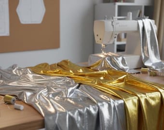 100% Viscose Emperor Foil 53" Metallic Shiny Display Fabric Costume Fashion Wipe Clean - HALF A METRE - Gold OR Silver